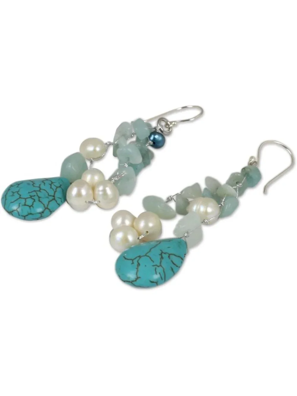 Handcrafted Pearl Waterfall Earrings | Amazonite & Turquoise Beaded Dangle